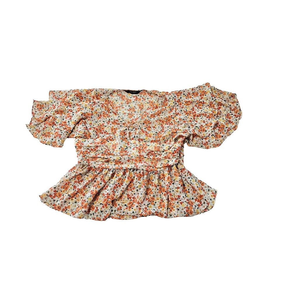 ZARA BASIC Women's Blouse M Multicolor Floral Ruffle Peplum Short Sleeve